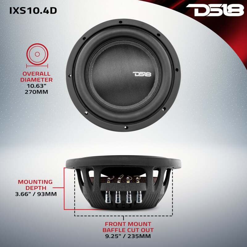 DS18 10in 600 Watts RMS 4 ohm DVC Shallow Mount Fiber Glass Subwoofer IXS Series