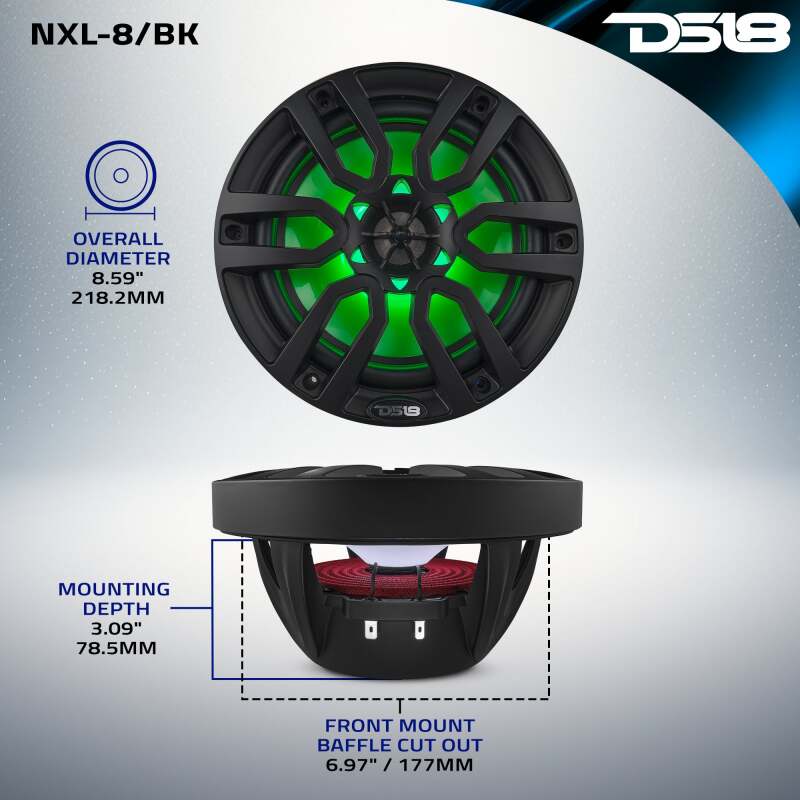 DS18 NXL Series Coaxial Marine Speakers w/ RGB Lights 8in 2-Way 125 Watts RMS 4 ohm Black