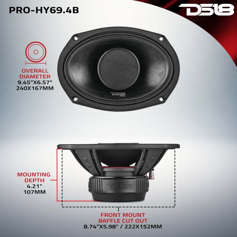 DS18 6x9in 250 Watts RMS 4 ohm Mid-Range Loudspeaker w/ Water Resistant Cone