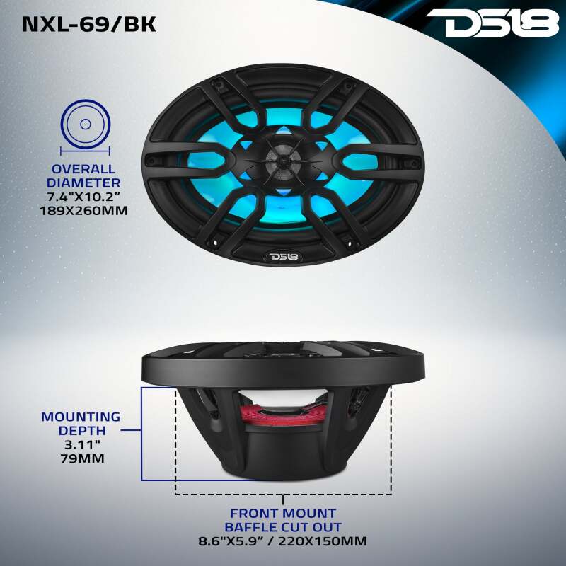 DS18 NXL Series Coaxial Marine Speaker w RGB Lights 6x9in 2-Way 125 Watts RMS 4 ohm Black w Cover