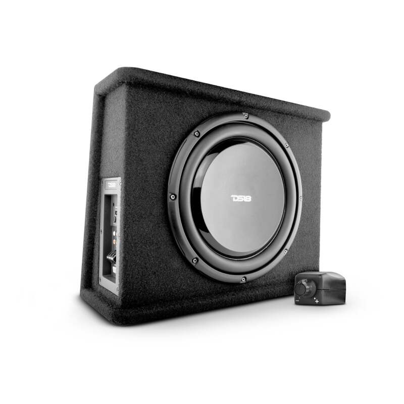DS18 Single 10in Shallow Subwoofer and Enclosure 350 Watts RMS Amplified Sealed Black Carpet