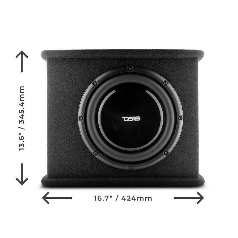 DS18 Single 10in Shallow Subwoofer and Enclosure 350 Watts RMS Amplified Sealed Black Carpet