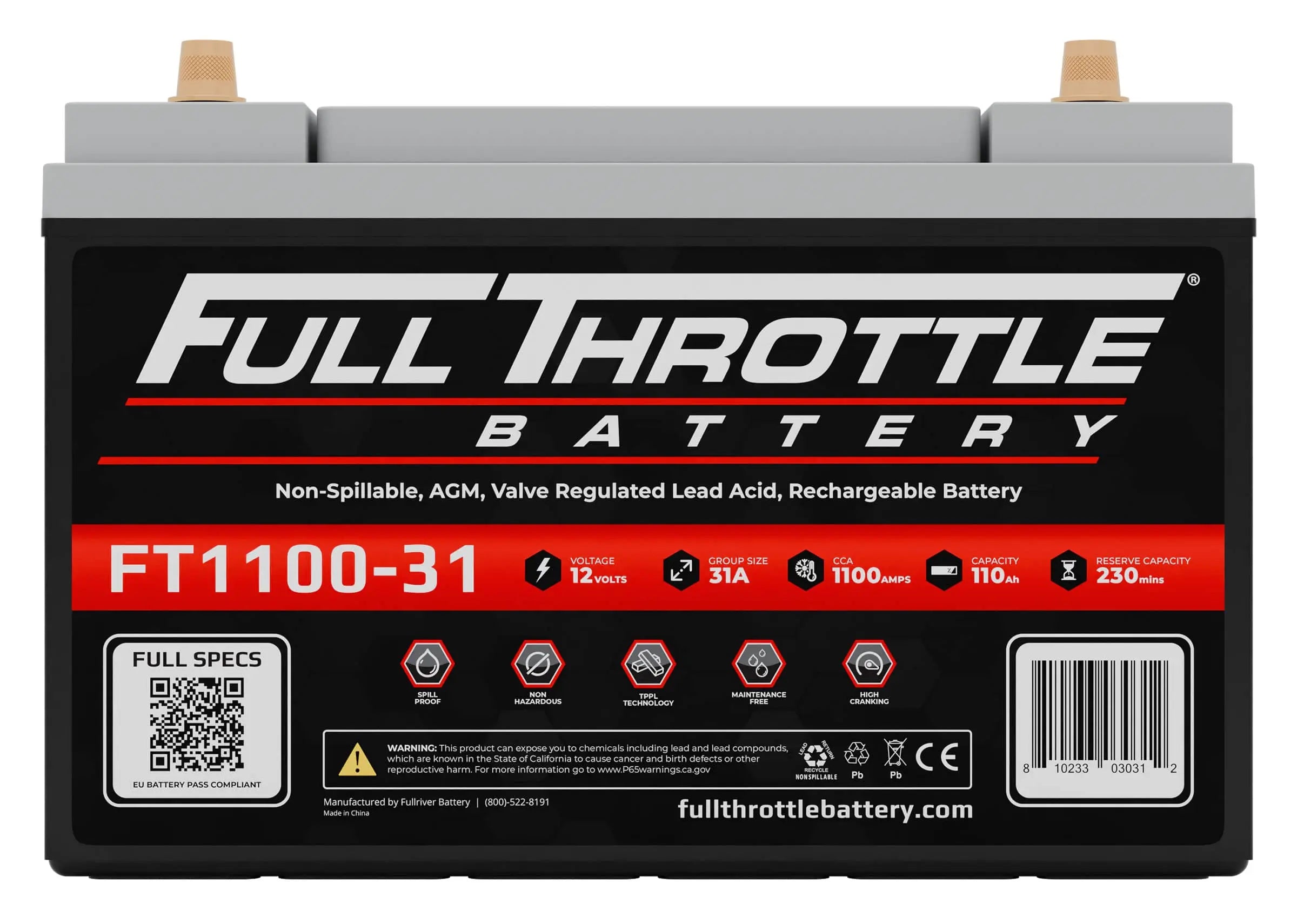 Front view of a Full Throttle FT1100-31 battery with branding, specifications, and a QR code on the label.