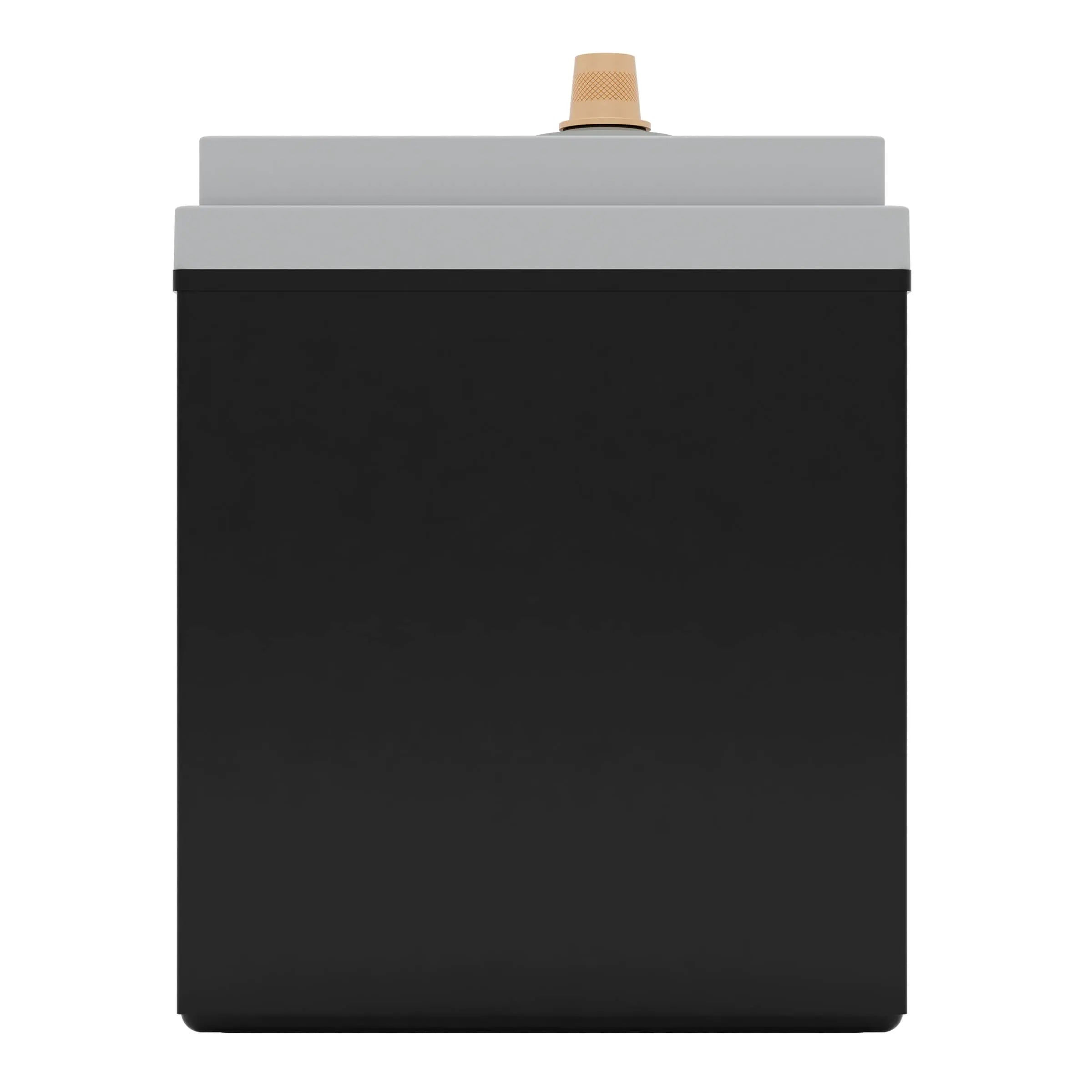 A black and gray rectangular object with a tan knob on top, likely an electronic or industrial device.
