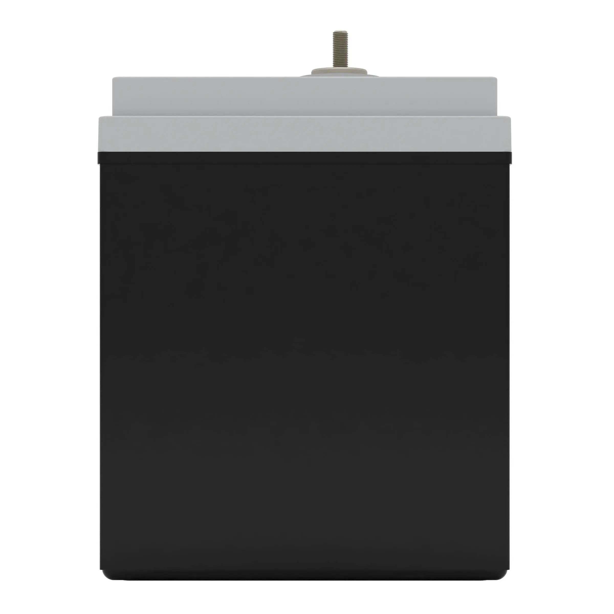 A large rectangular black battery with a gray top and a central metal terminal on a white background.