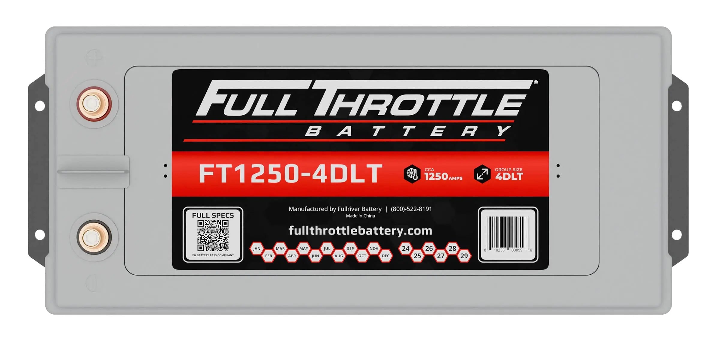 A Full Throttle Battery model FT1250-4DLT with a labeled cover featuring specs, QR code, and contact info.