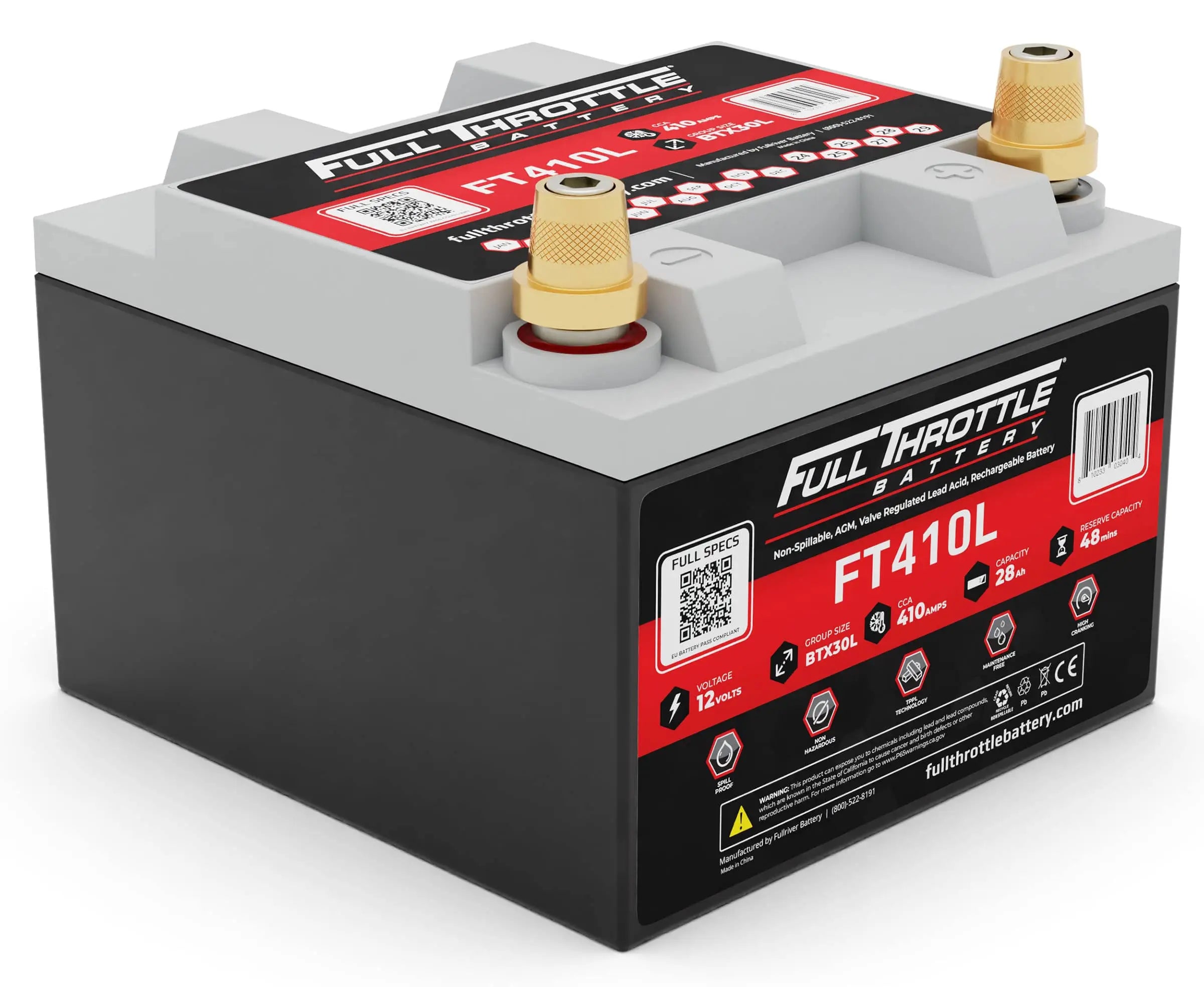 A black Full Throttle FT410L battery with red and black labeling, featuring gold terminals and specifications displayed on the front.