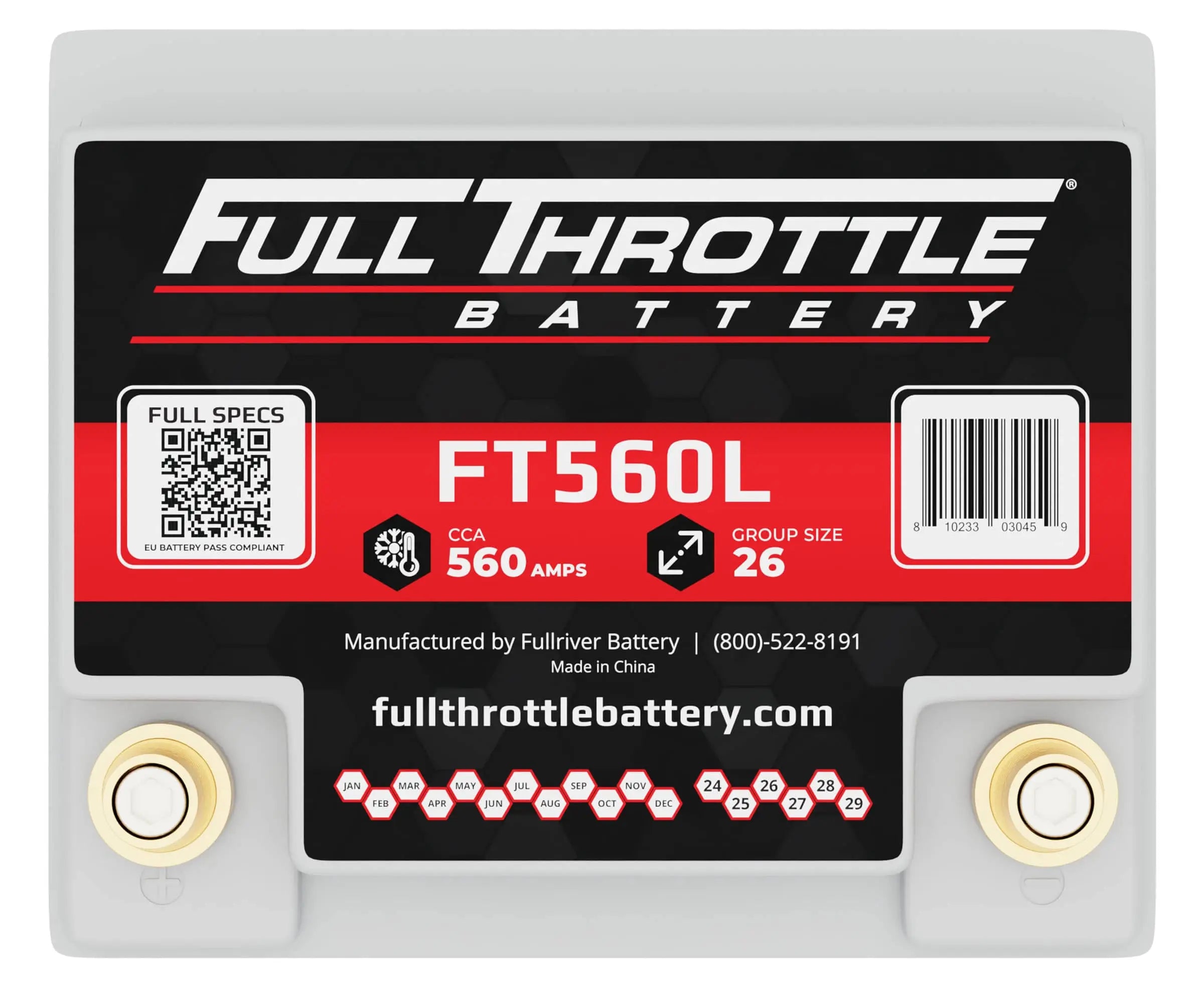 Top view of a Full Throttle FT560L battery showing terminals, branding, and specifications including CCA 560 amps, Group Size 26, and contact information.