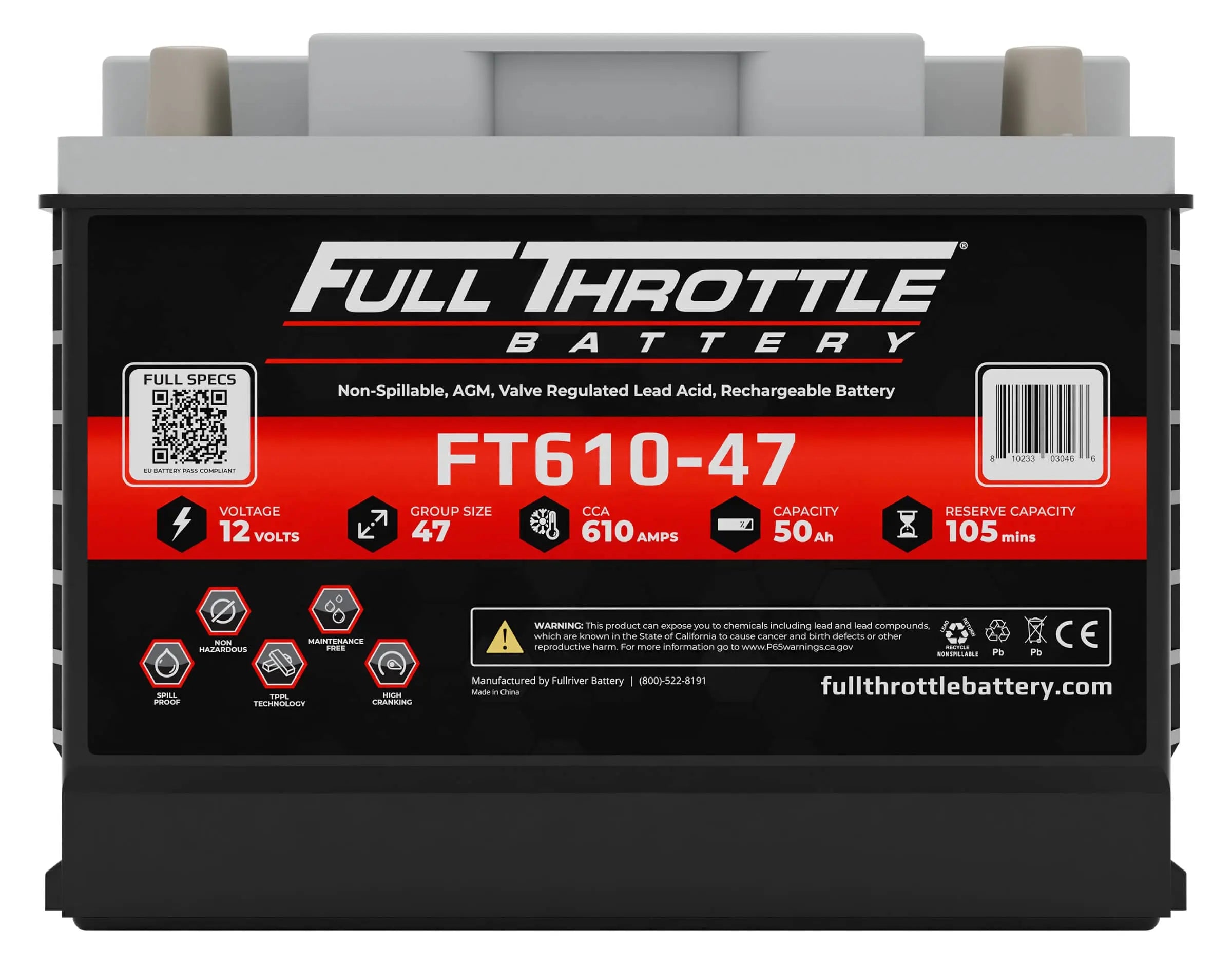 Full Throttle battery, model FT610-47. Specifications include 12 volts, group size 47, 610 CCA, 50 Ah capacity, 105 minutes reserve capacity.
