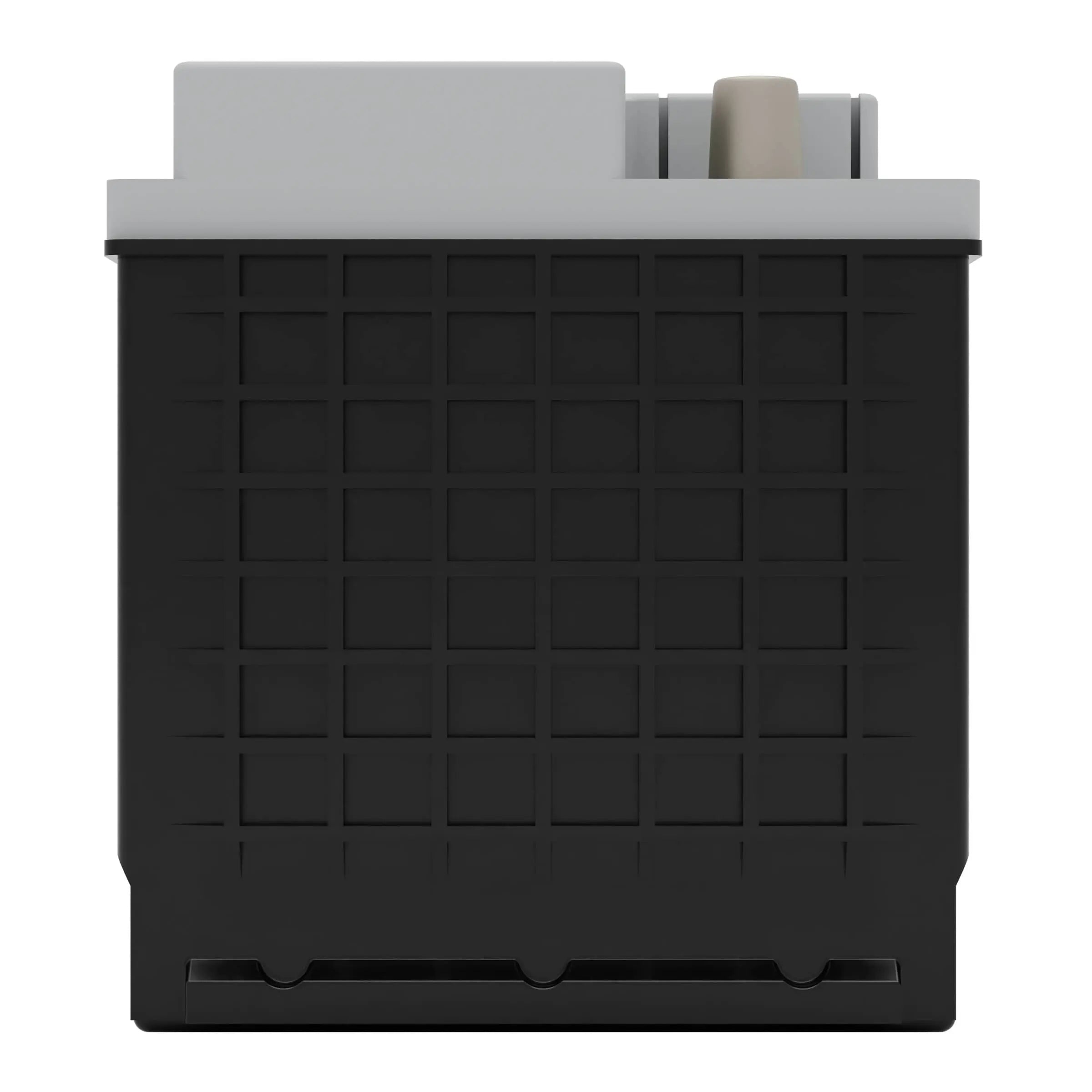 A square, black and gray plastic cartridge with a grid pattern on the front and a connector on top.