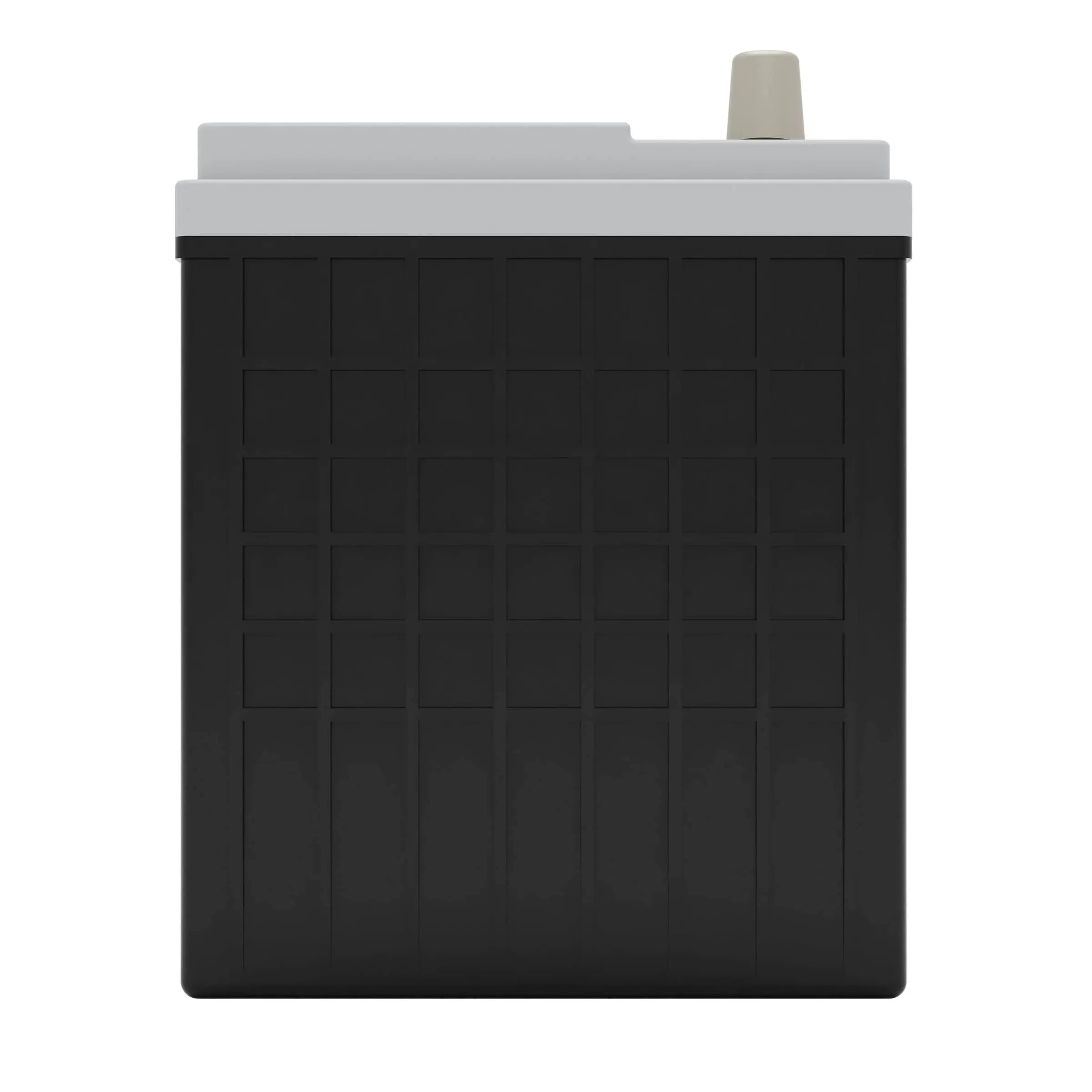A large black and gray industrial battery with a grid pattern on the front and a protruding terminal on top.