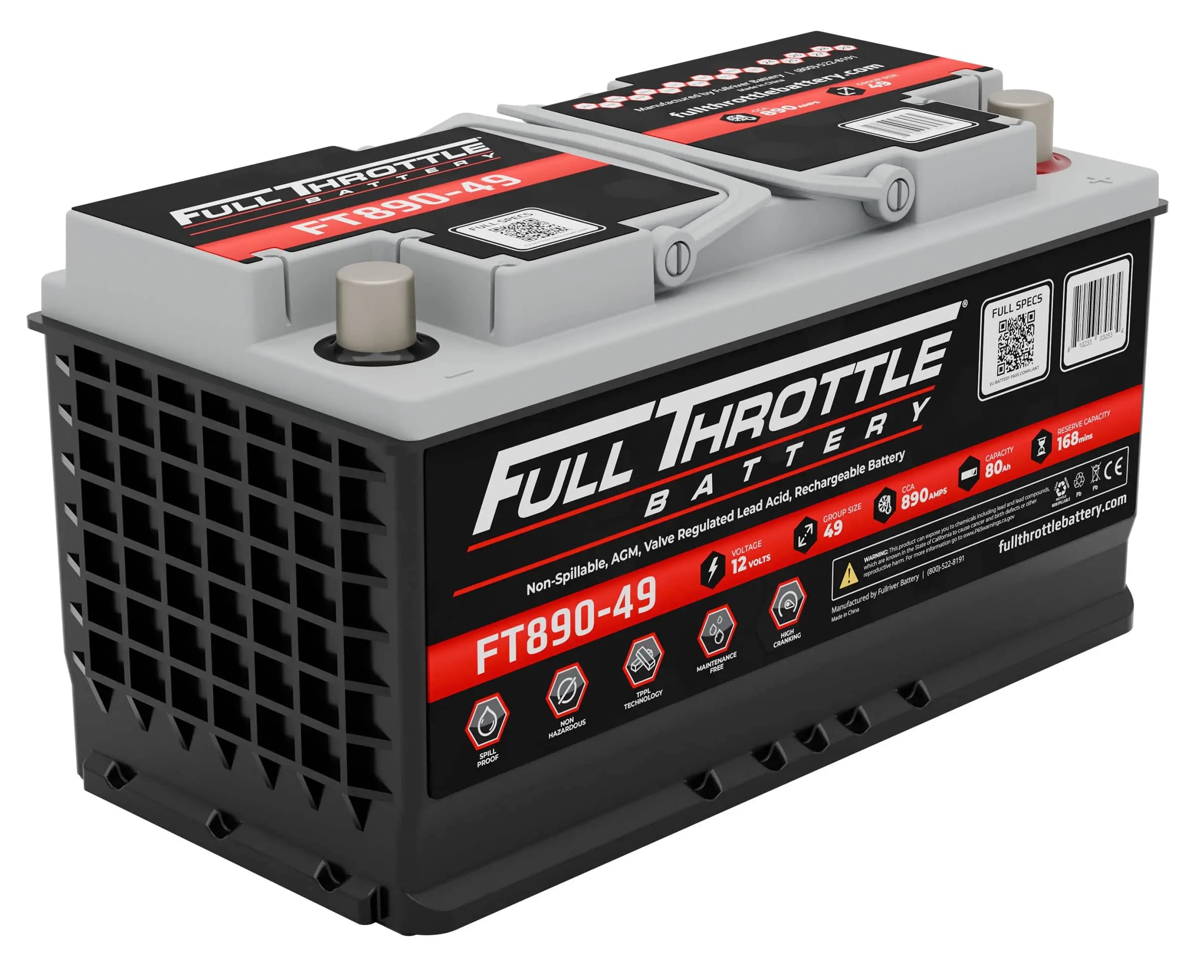 Car battery labeled "Full Throttle Battery FT890-49" with specifications and safety icons on the side.