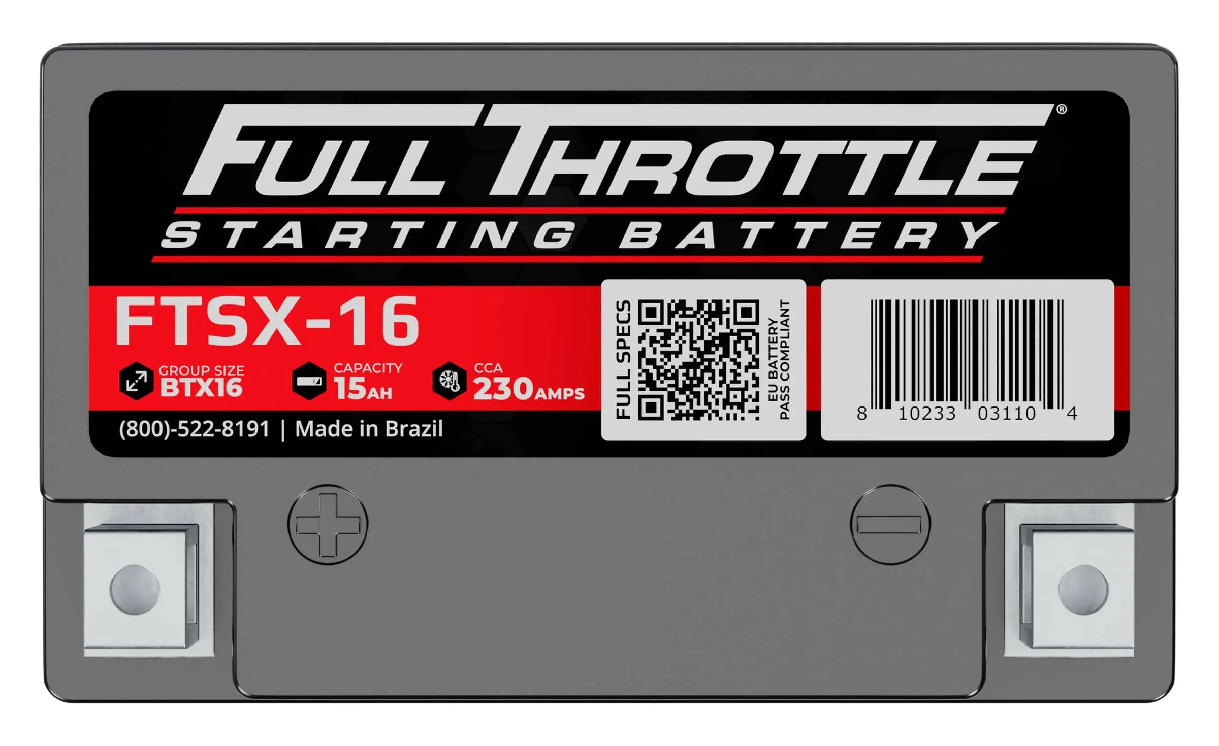 Full Throttle starting battery, model FTSX-16, 15Ah capacity, 230 CCA, group size BTX16, made in Brazil, with barcode and QR code visible.