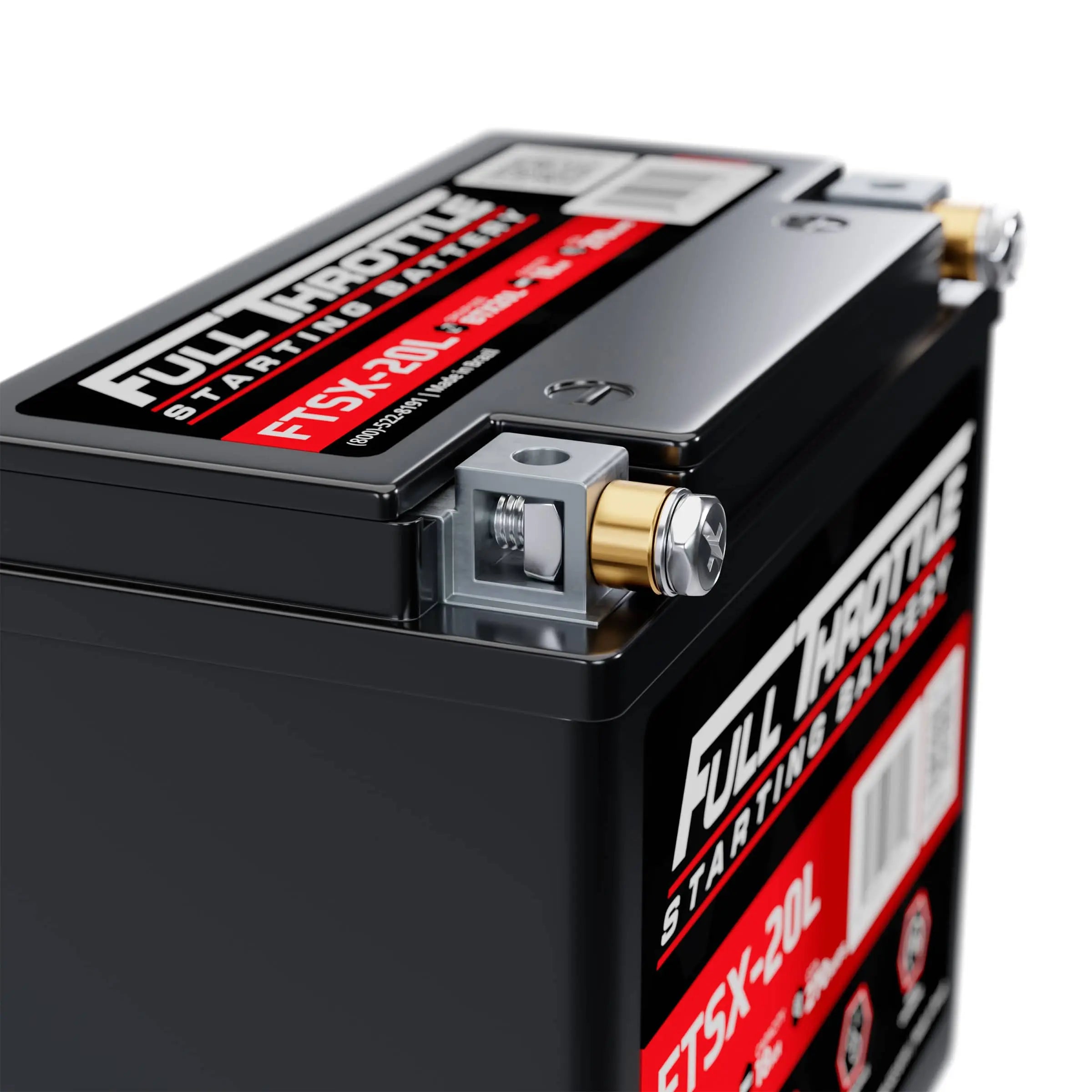 Close-up of a Full Throttle FTSX20L starting battery, showing terminals and label with specifications.