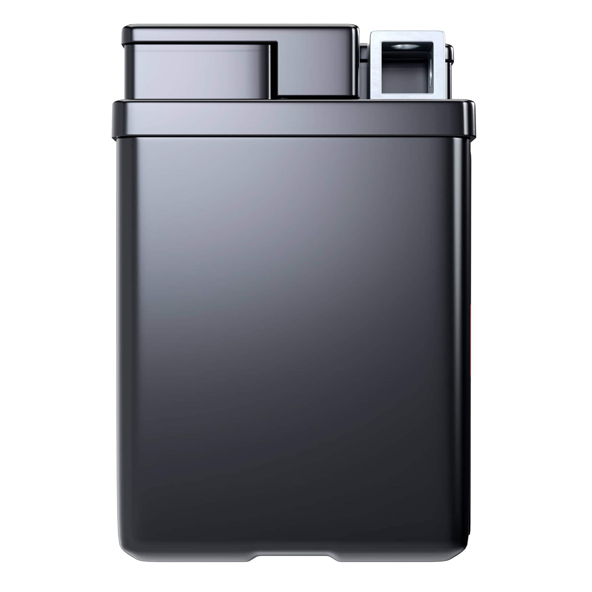 A sleek, black rectangular vape device, shown vertically with a flip-top lid.