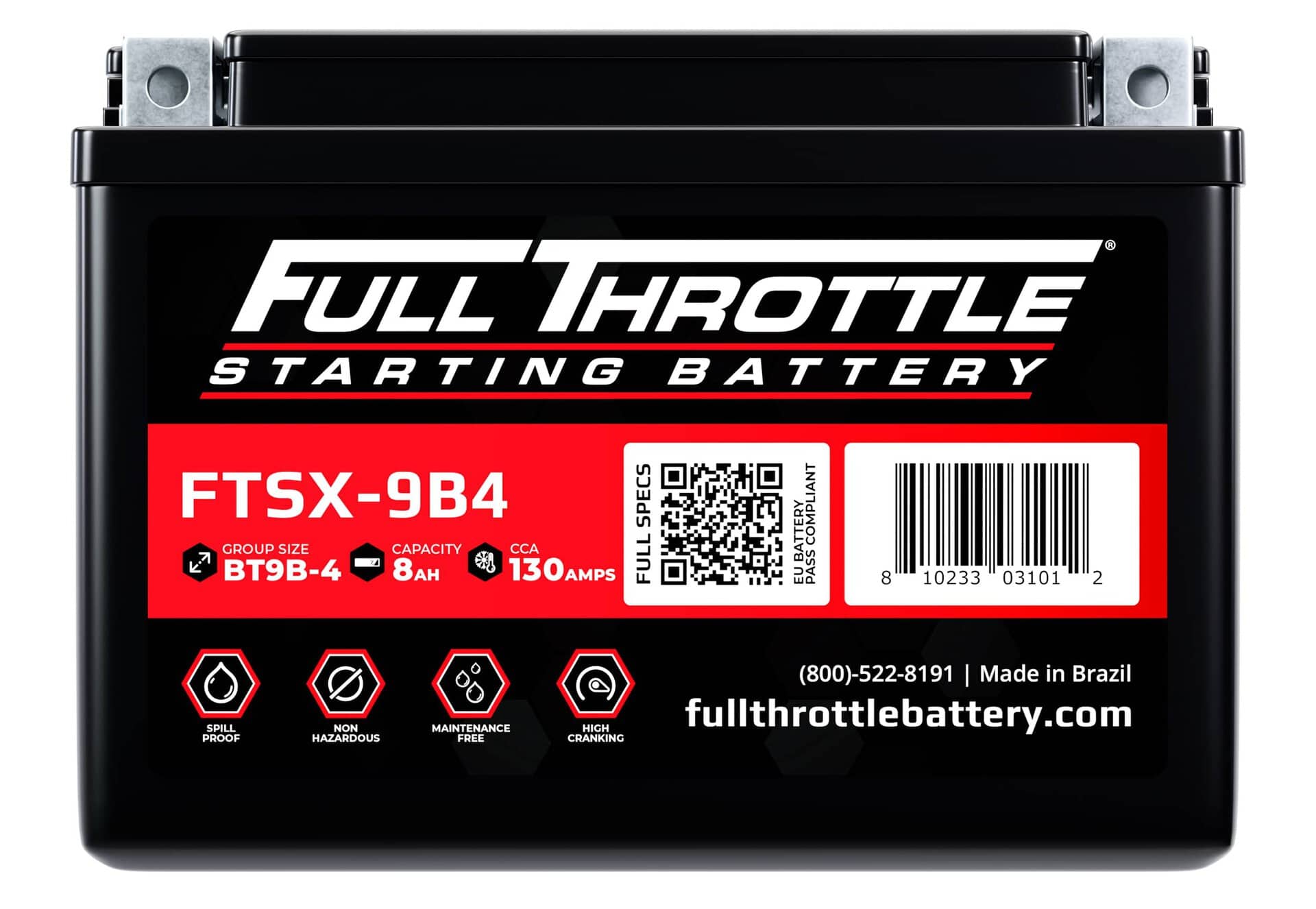 Full Throttle starting battery labeled FTSX-9B4, group size BT9B-4, 8Ah capacity, 130 CCA, made in Brazil.