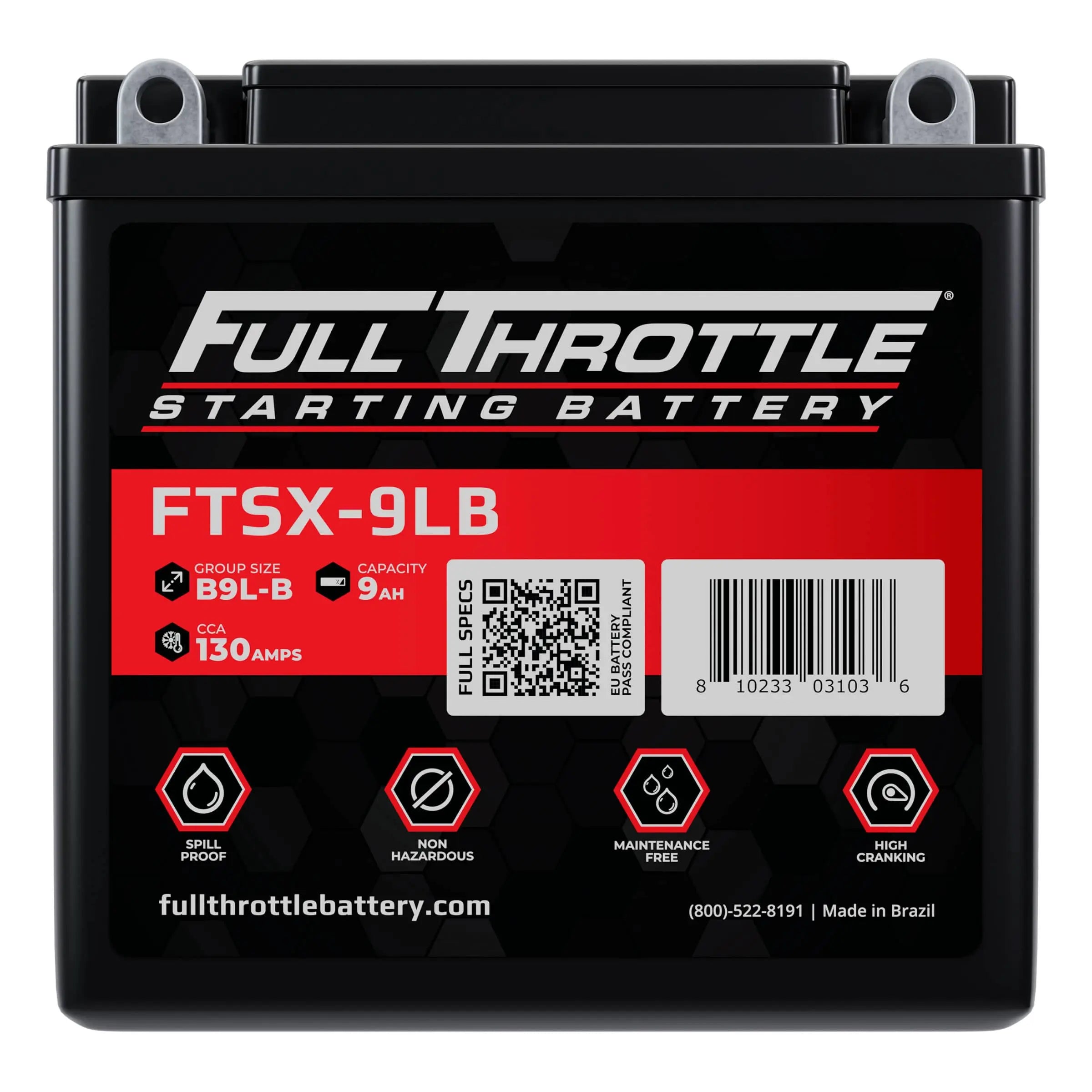 A Full Throttle car battery, model FTSX-9LB, with red and white labeling, displays specifications such as 9Ah capacity and 130 amps. It is spill-proof and maintenance-free.