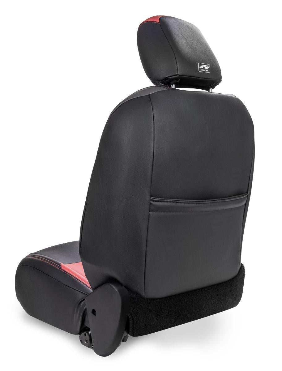 Front Seat Covers for Jeep Wrangler JL, 2 door; with Pocket Back (Pair) - Black with Red Stitching