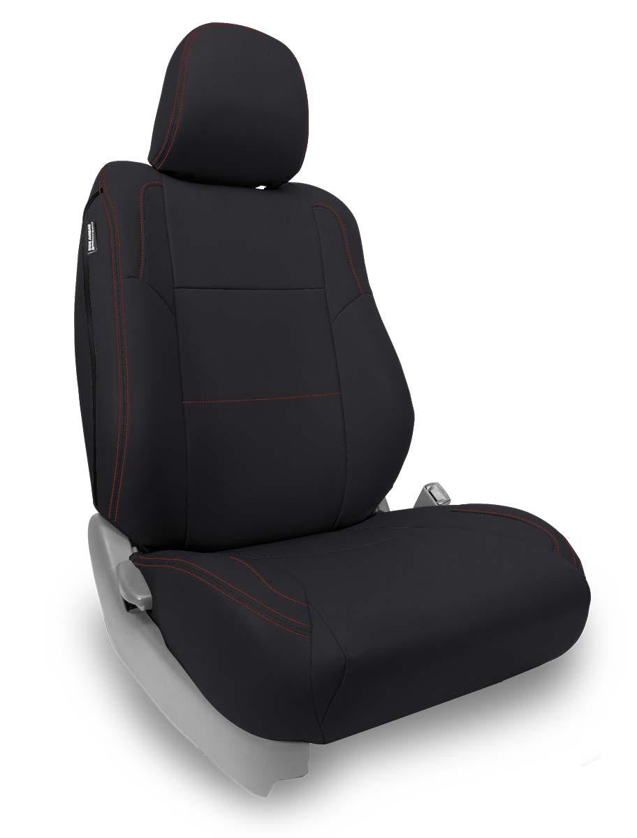 Front Seat Covers for '12-'15 Toyota Tacoma; Fold Flat Edition (Pair) - Black with Red Stitching
