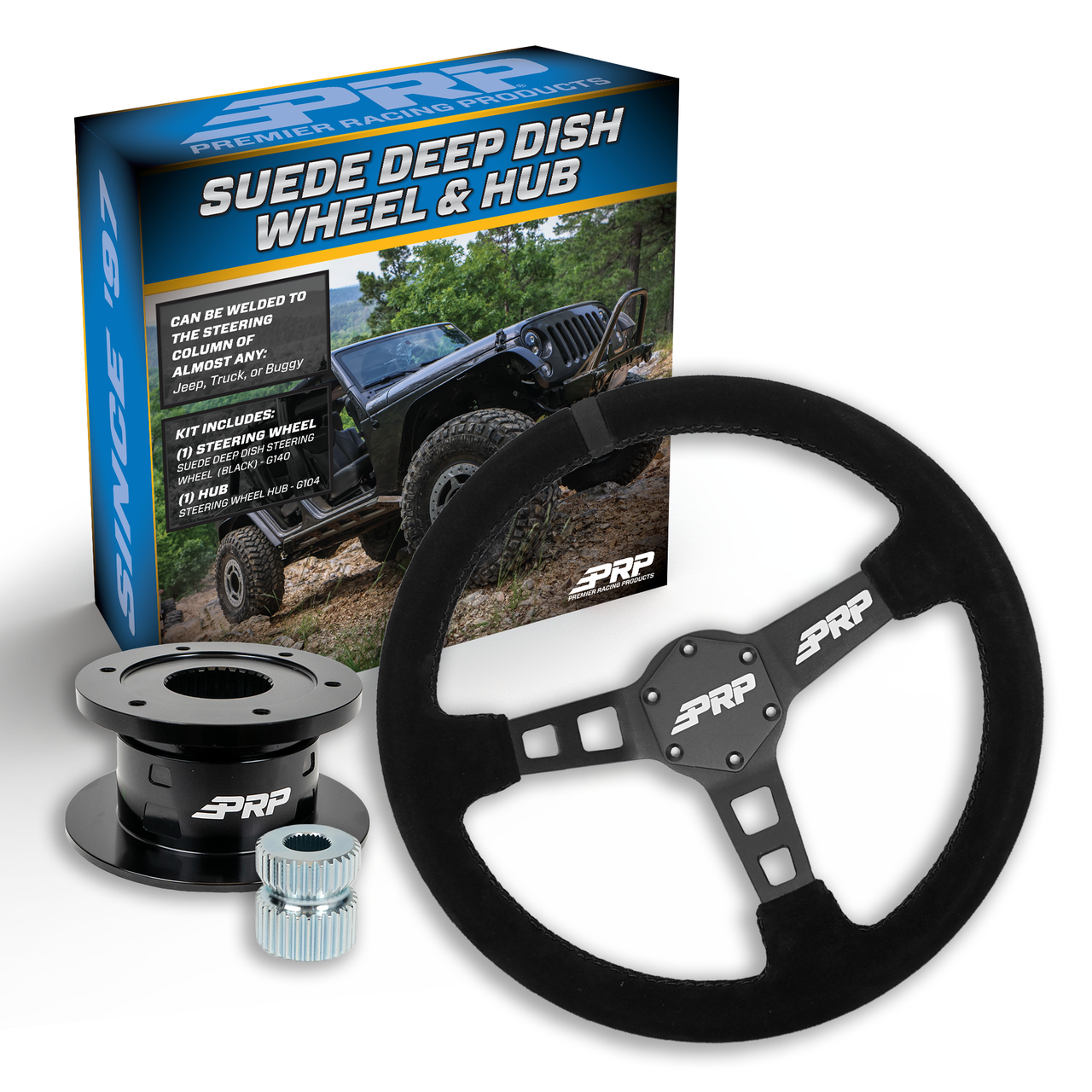 PRP Deep Dish Suede Steering Wheel Kit, Black with Quick Release Hub - Universal Weld on Adaptor