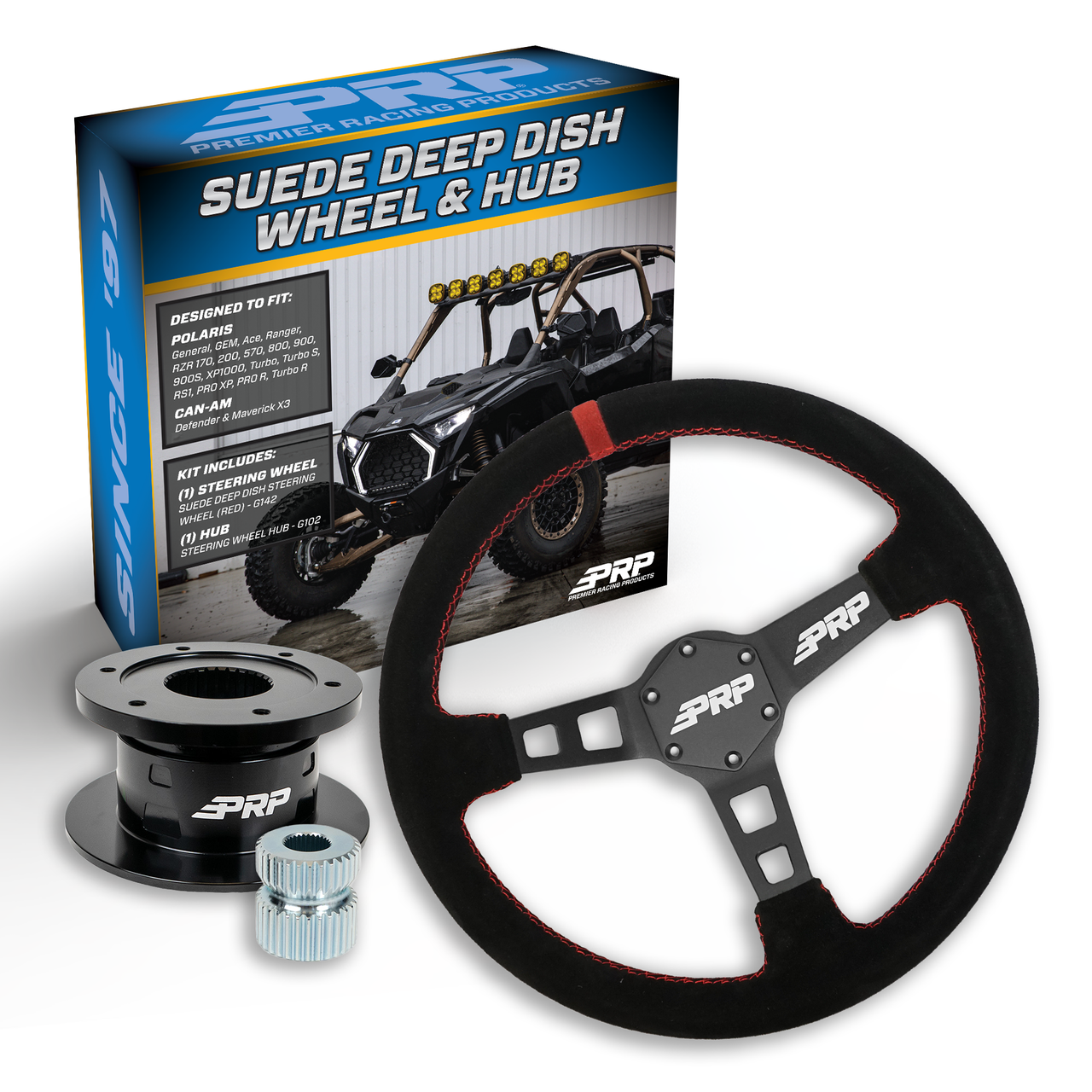 PRP Deep Dish Suede Steering Wheel Kit, Black with Quick Release Hub for Polaris RZR, Can Am X3, Arctic Cat Wildcat, EZ-GO, GEM, John Deere Gator