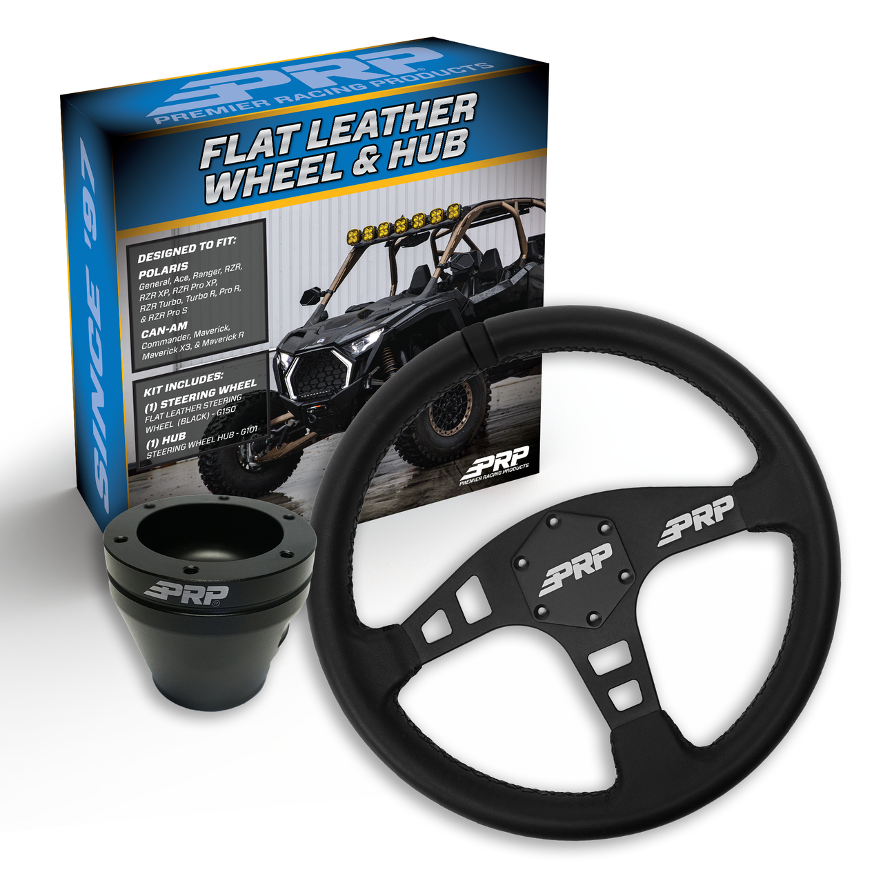 PRP Flat Leather Steering Wheel Kit, Black with UTV Hub for Polaris RZR, Can Am X3, Arctic Cat Wildcat, EZ-GO, GEM, John Deere Gator