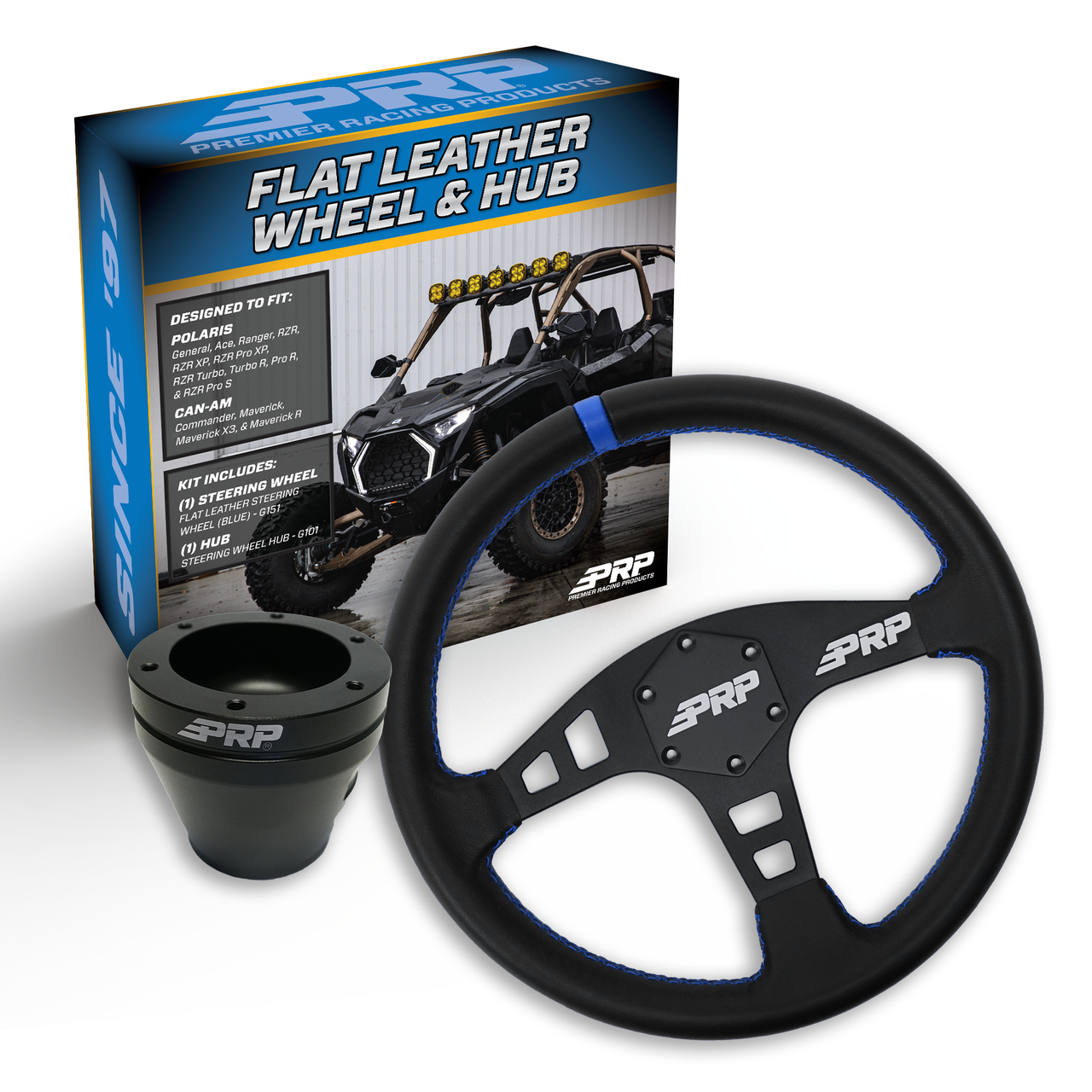 PRP Flat Leather Steering Wheel Kit, Black with UTV Hub for Polaris RZR, Can Am X3, Arctic Cat Wildcat, EZ-GO, GEM, John Deere Gator