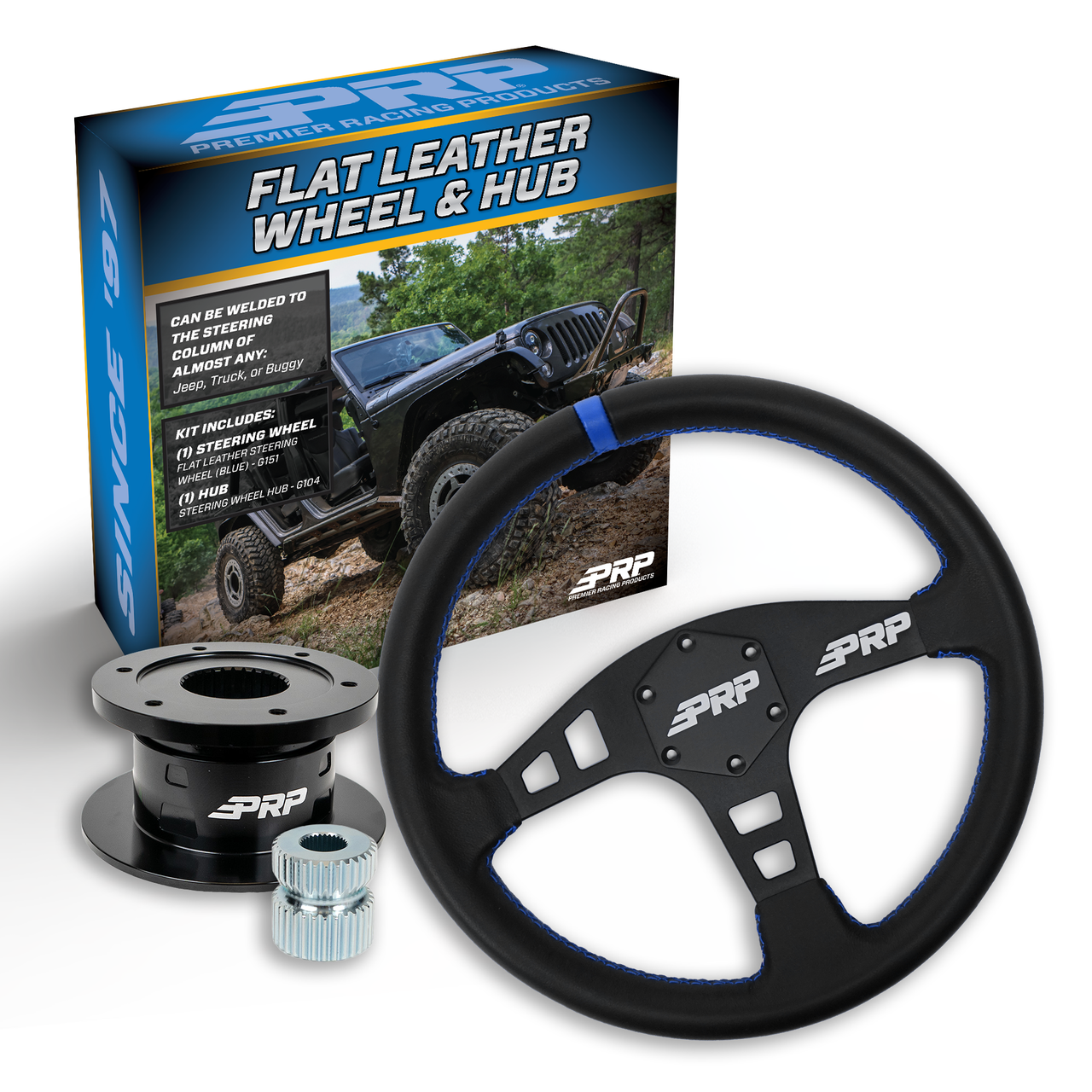 PRP Flat Leather Steering Wheel Kit, Black with Quick Release Hub - Universal Weld on Adaptor
