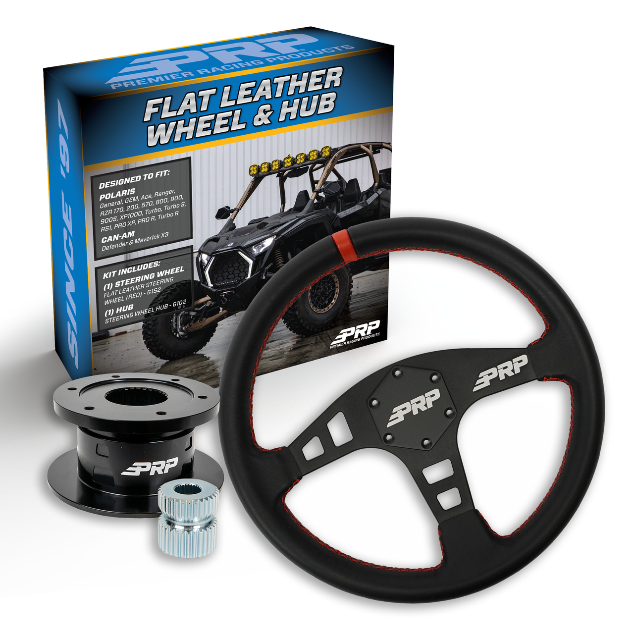 PRP Flat Leather Steering Wheel Kit, Black with Quick Release Hub for Polaris RZR, Can Am X3, Arctic Cat Wildcat, EZ-GO, GEM, John Deere Gator