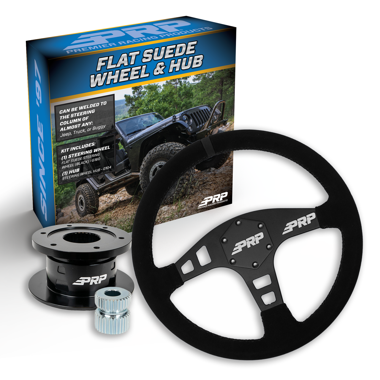 PRP Flat Suede Steering Wheel Kit, Black with Quick Release Hub - Universal Weld on Adaptor