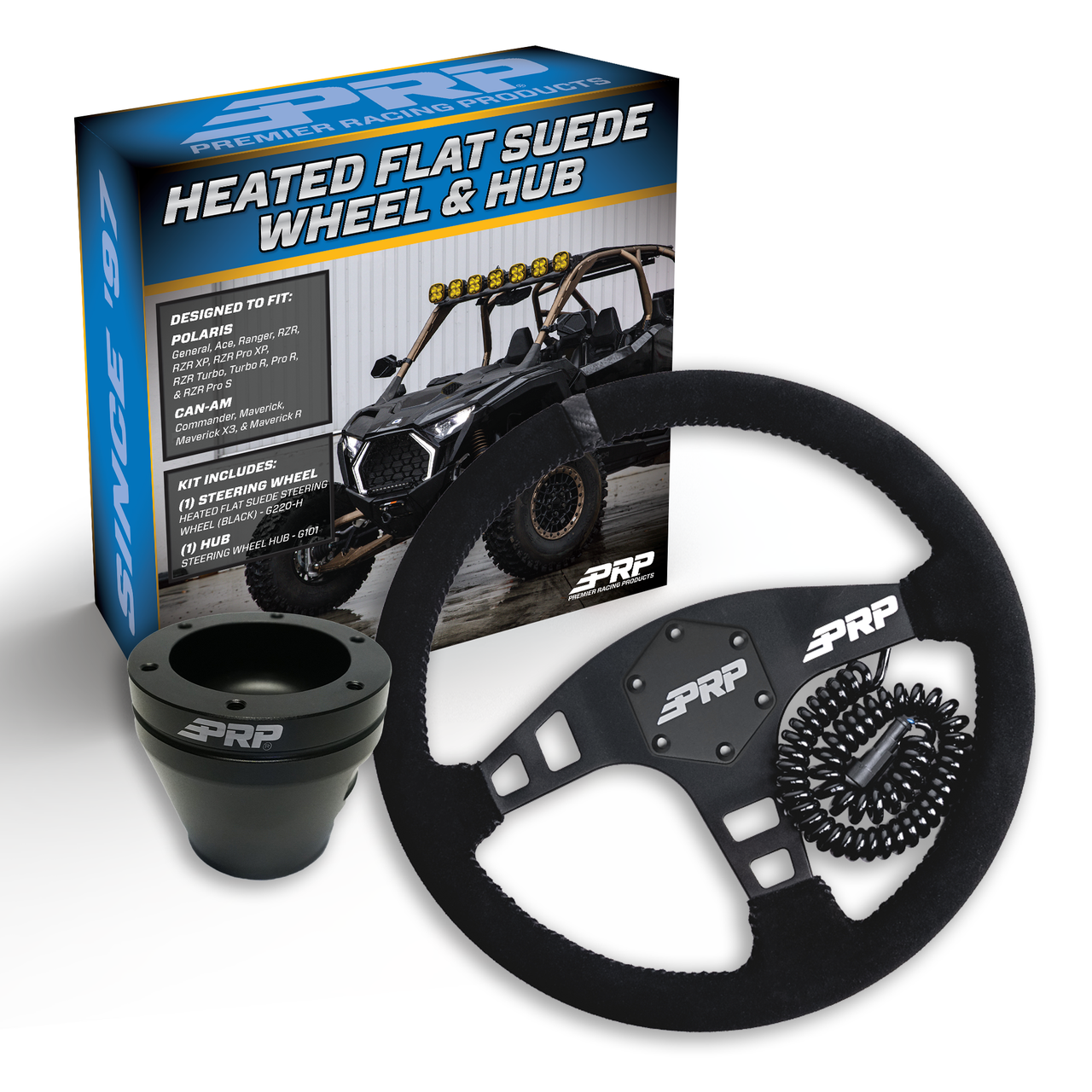 PRP Heated Flat Suede Steering Wheel Kit, Black with UTV Hub for Polaris RZR, Can Am X3, Arctic Cat Wildcat, EZ-GO, GEM, John Deere Gator
