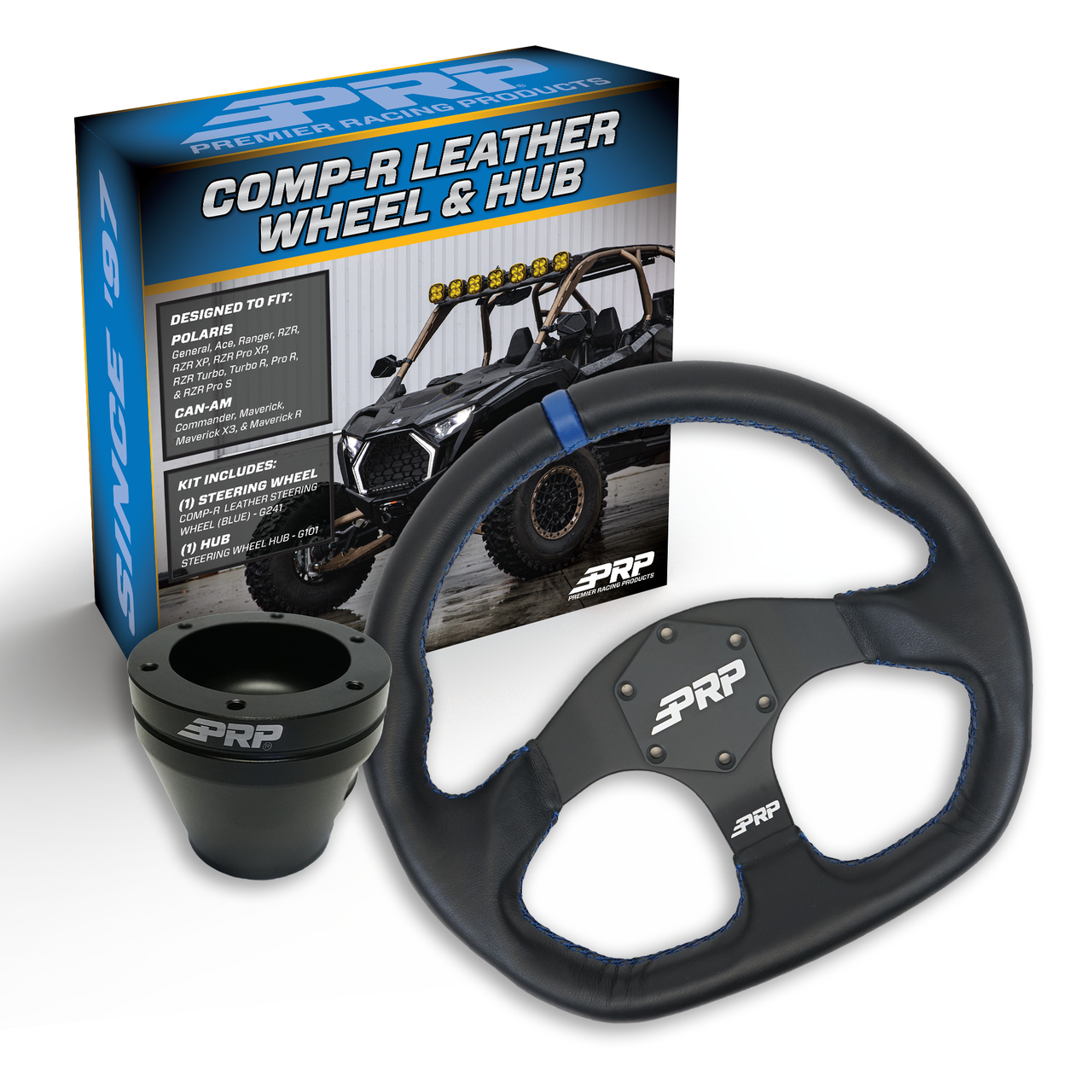 PRP Leather D-Shape Steering Wheel Kit, Black with UTV Hub for Polaris RZR, Can Am X3, Arctic Cat Wildcat, EZ-GO, GEM, John Deere Gator