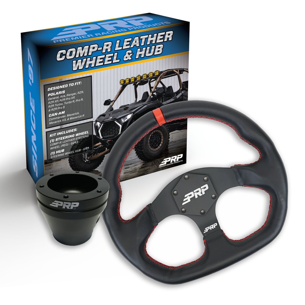 PRP Leather D-Shape Steering Wheel Kit, Black with UTV Hub for Polaris RZR, Can Am X3, Arctic Cat Wildcat, EZ-GO, GEM, John Deere Gator