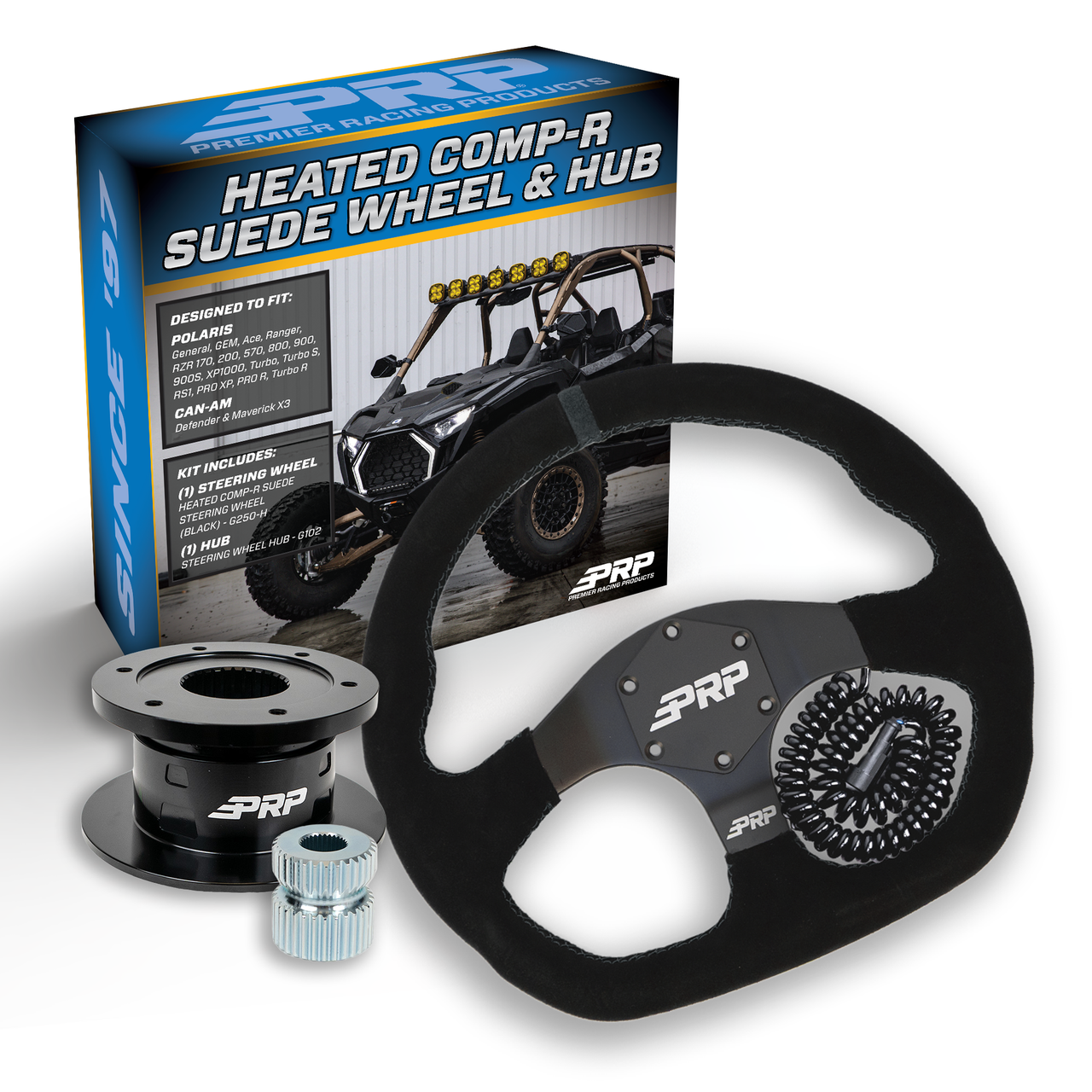 PRP Heated Suede D-Shape Steering Wheel Kit, Black with Quick Release Hub for Polaris RZR, Can Am X3, Arctic Cat Wildcat, EZ-GO, GEM, John Deere Gator