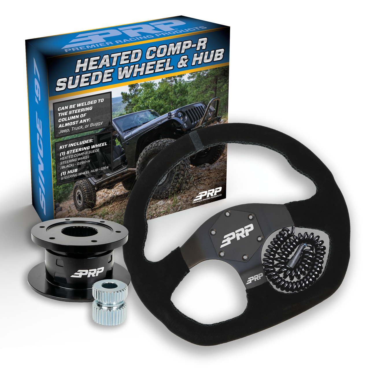 PRP Heated Suede D-Shape Steering Wheel Kit, Black with Quick Release Hub - Universal Weld on Adaptor