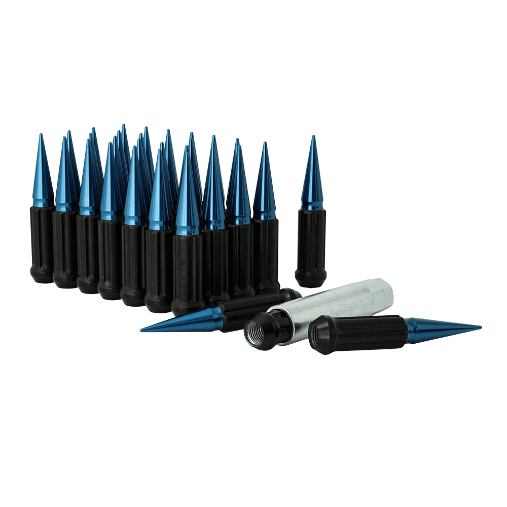 Small Diameter Spline Spike Lug Nuts - 13/16" & 7/8" Dual Hex Key - 14mm x 1.50 Thread Size - Blue Finish - Set of 32