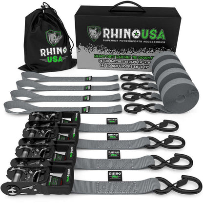 Rhino USA Heavy Duty Ratchet Tie-Down 4-Pack (Gray) 1.6In X 8Ft