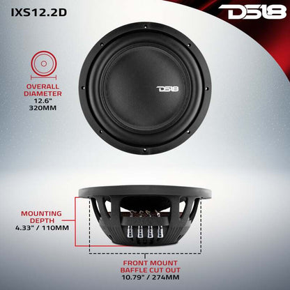DS18 12in 800 Watts RMS 2 ohm DVC Shallow Mount Fiber Glass Subwoofer IXS Series