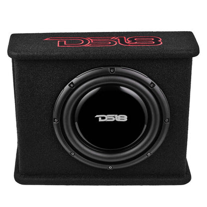 DS18 Single 10in Shallow Subwoofer and Enclosure 350 Watts RMS Amplified Sealed Black Carpet