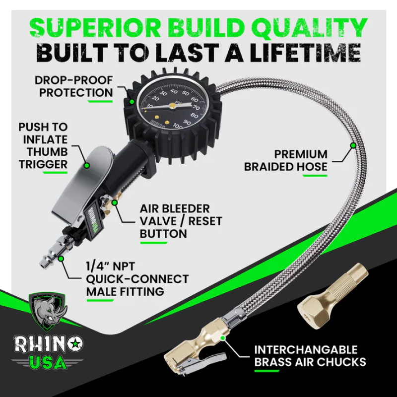 Rhino USA 100 Psi Analog Tire Inflator Gauge