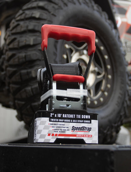 2" x 10' Ratchet Tie Down w/ Twisted Snap Hooks & Axle Strap Combo, Black - SpeedStrap