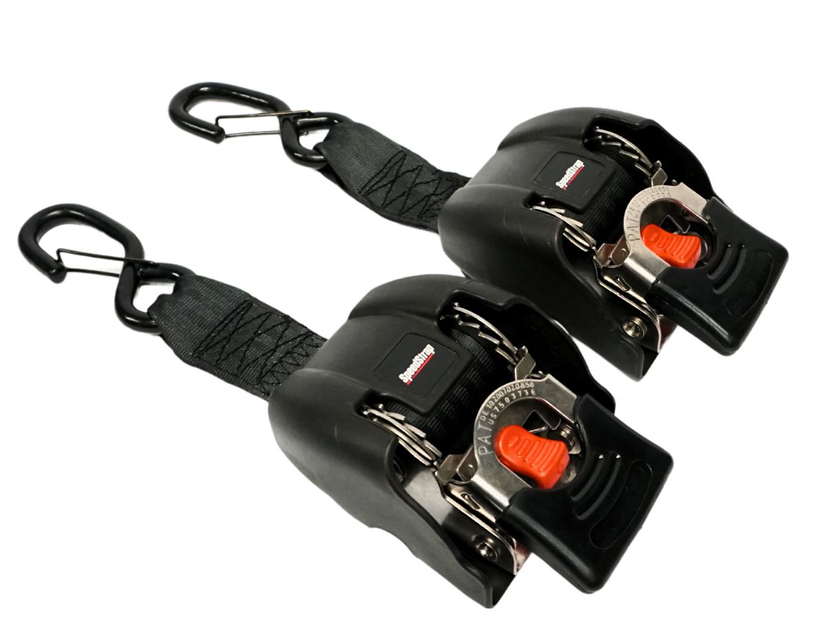 2” x 43” Stainless Steel Retractable Marine Transom Tie-Down Straps with Snap S-Hooks (2 Pack) - SpeedStrap