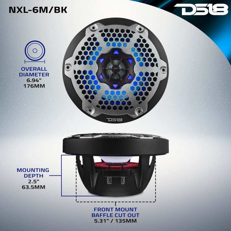 DS18 NXL-M Series Spkr w/ RGB LED Lights 6.5in 2-Way 100 Watts RMS 4 ohm Blk Grill Detached w/ Cover