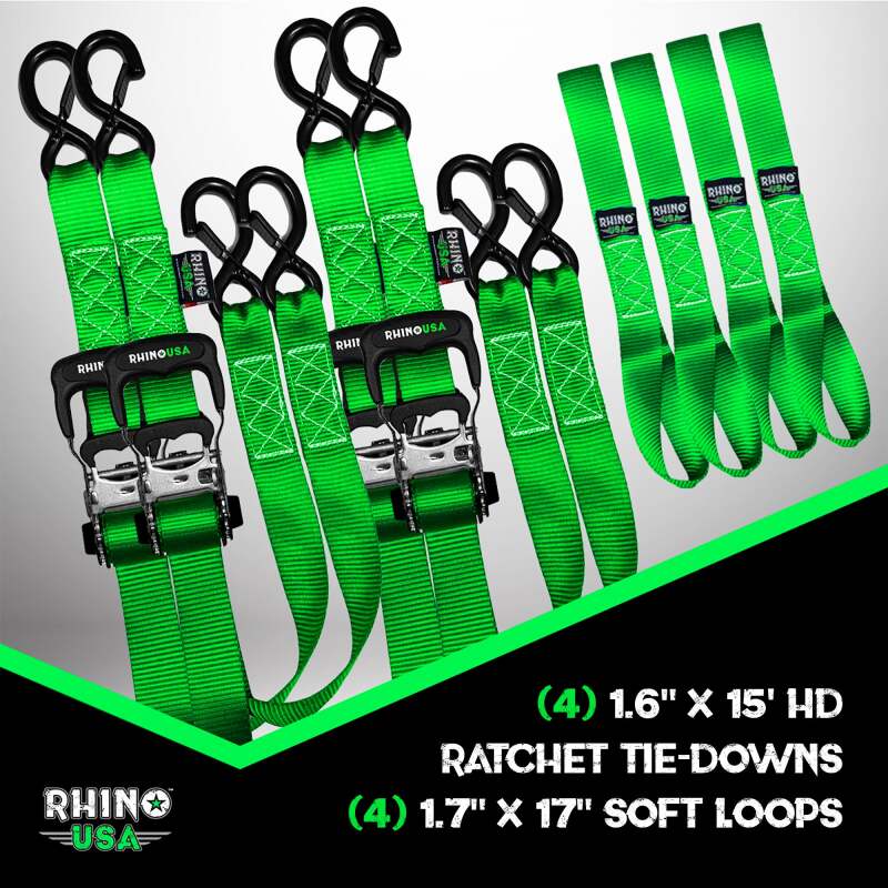 Rhino USA Heavy Duty Ratchet Tie-Down 4-Pack Green 1.6In X 15Ft