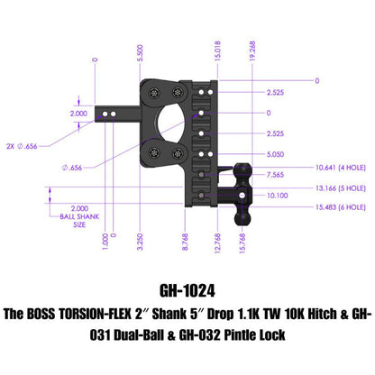 Gen-Y The Boss Torsion-Flex 2in Shank 5in Drop 10K Hitch w/GH-031 Dual-Ball/GH-032 Pintle Lock