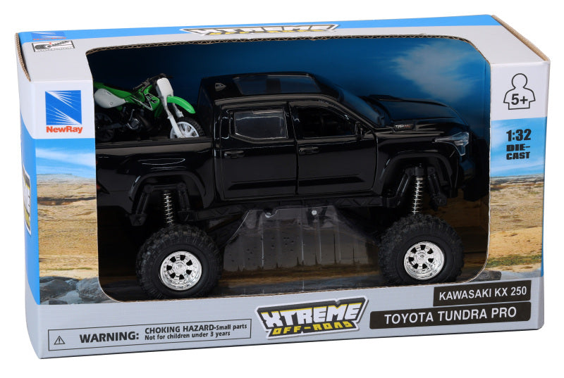 New Ray Toys Toyota Tundra Pro Lifted Truck Black with Kawasaki Dirt Bike 1:32 Scale