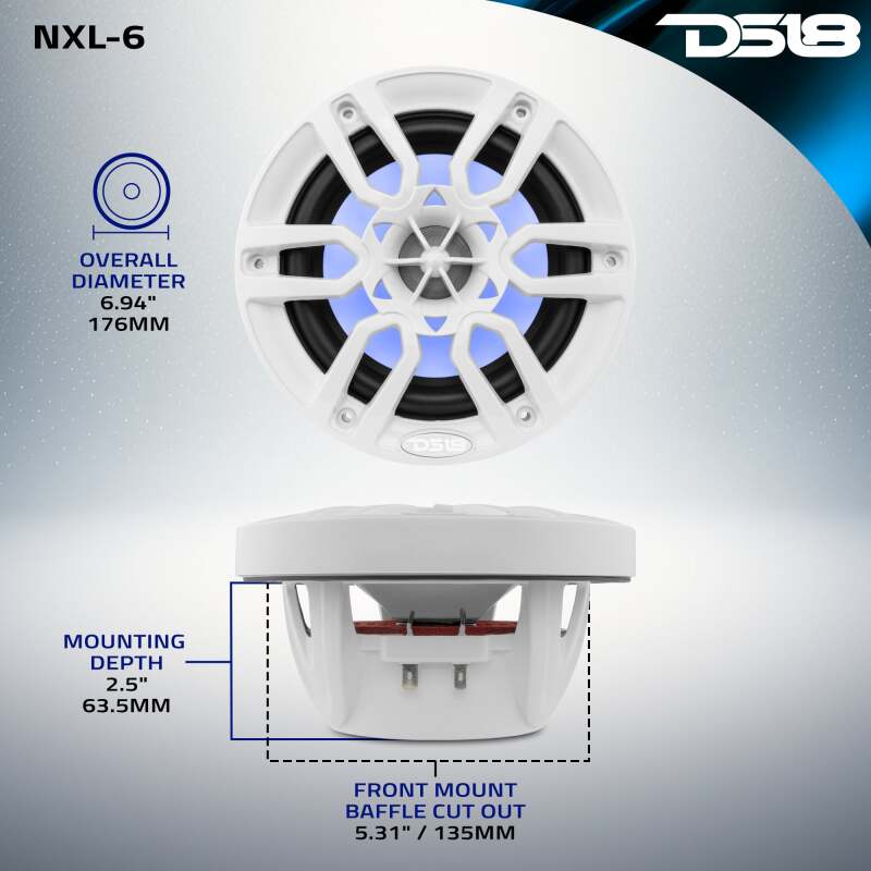 DS18 NXL Series Coaxial Marine Speaker w/ RGB Lights 6.5in 2-Way 100 Watts RMS 4 ohm White