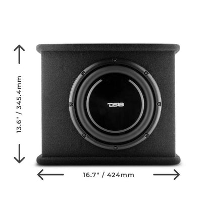 DS18 Single 10in Shallow Subwoofer and Enclosure 350 Watts RMS Amplified Sealed Black Carpet