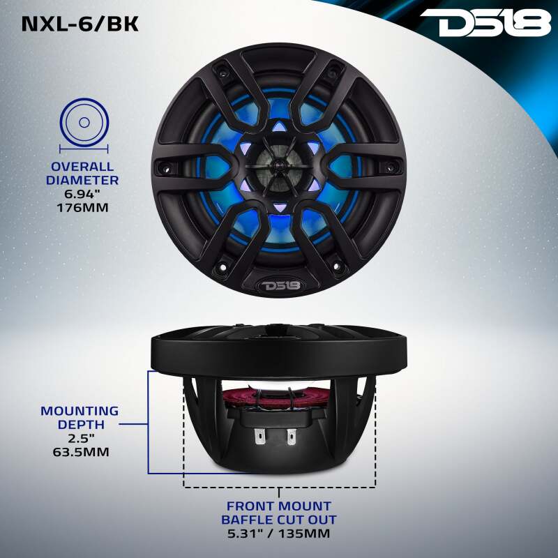 DS18 NXL Series Coaxial Marine Speakers w/ RGB Lights 6.5in 2-Way 100 Watts RMS 4 ohm Black