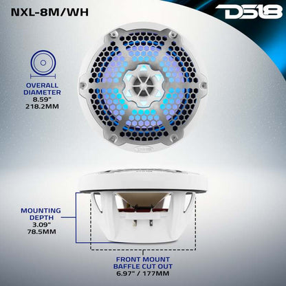 DS18 NXL-M Series Speaker w/ RGB LED Lights 8in 2-Way 125 Watts RMS 4 ohm White w/ Cover